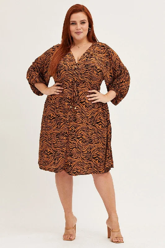 Animal Print V-neck 3/4 Sleeve Rayon Dress