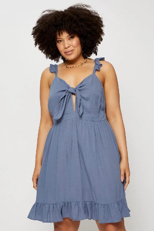 Blue Skater Dress V-neck Sleeveless Tie Front