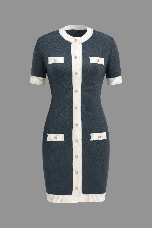 Knitted Contrast Short Sleeve Button Dress