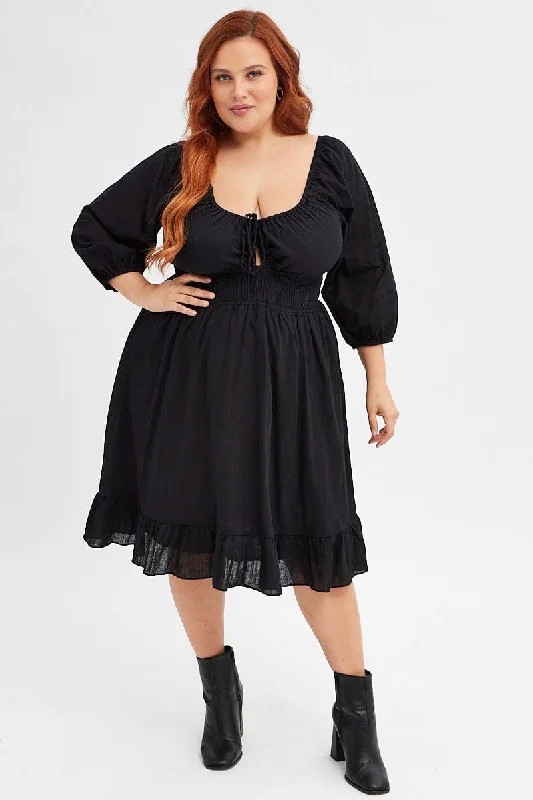 Black Skater Dress Puff Sleeve Shirred Waist Cotton