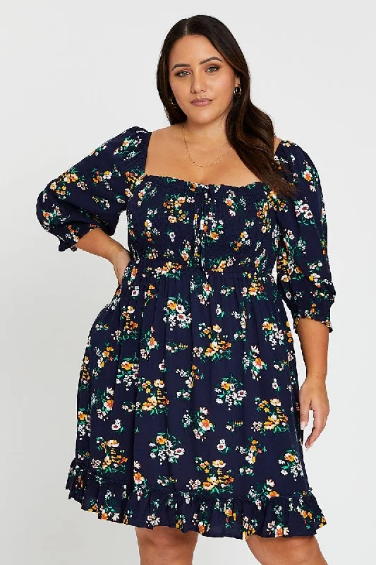 Floral Print Skater Dress Scoop Neck Short Sleeve