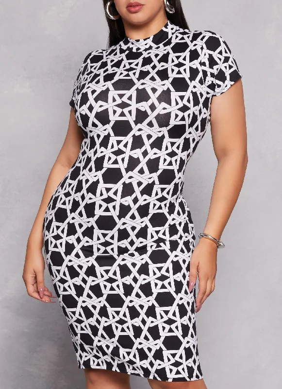 Plus Size Printed Mock Neck Short Sleeve Dress