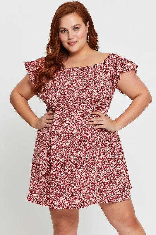 Floral Print Skater Dress Off Shoulder Short Sleeve Shirred