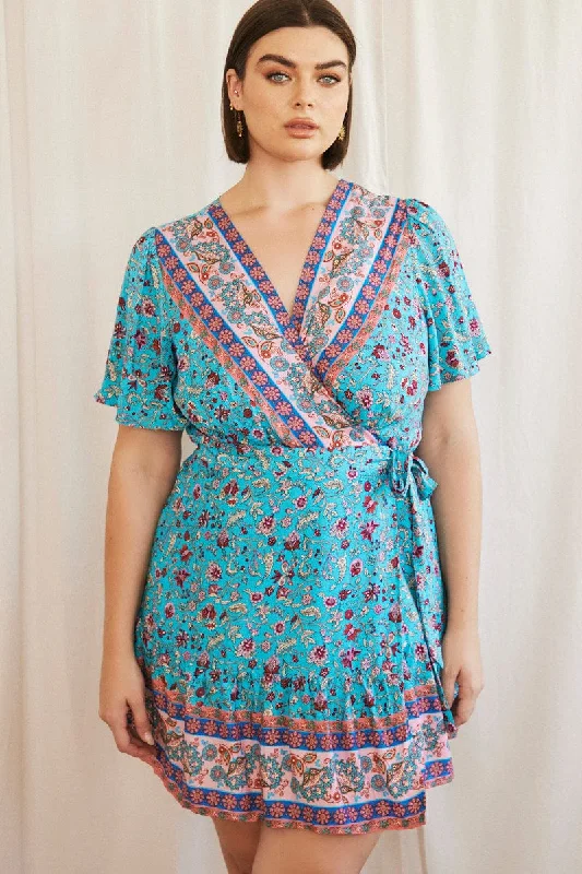 Blue Boho Wrap Dress Short Sleeve V-neck