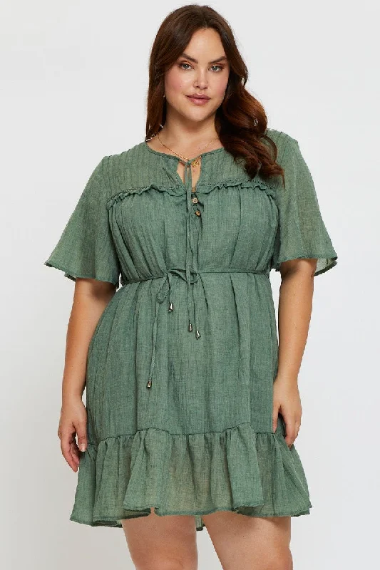 Green Skater Dress Round Neck Short Sleeve Tie Front