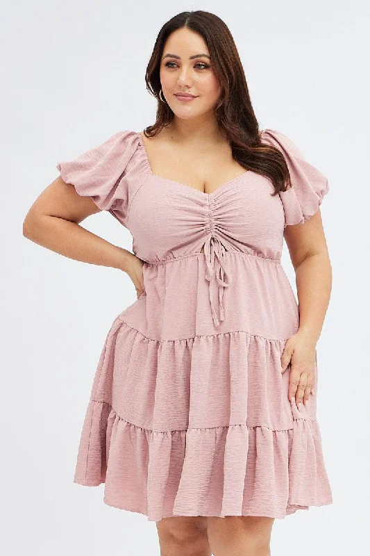 Pink Skater Dress Textured Peephole Drawstring Bust