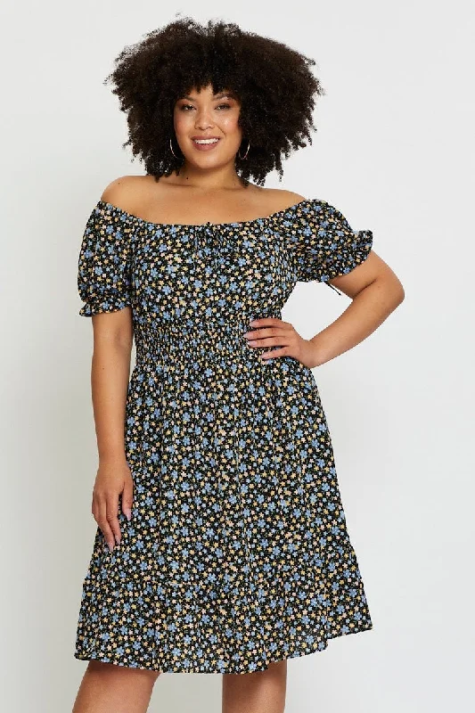 Floral Print Skater Dress Off Shoulder Short Sleeve