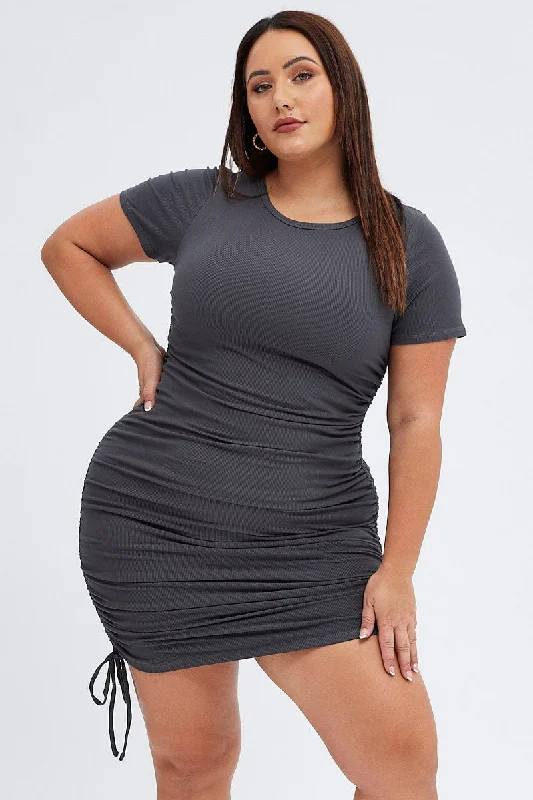 Grey Bodycon Dress Short Sleeve Side Ruched Rib