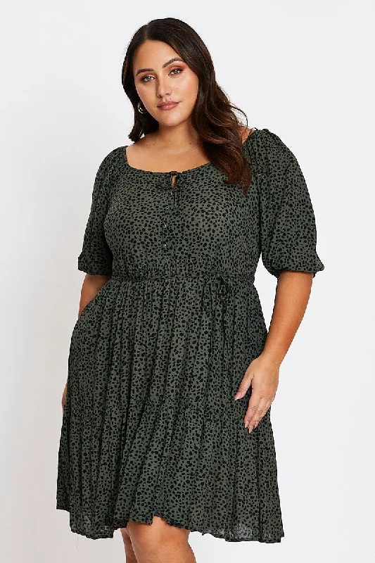 Green Animal Print 3/4 Sleeve Button Up Dress