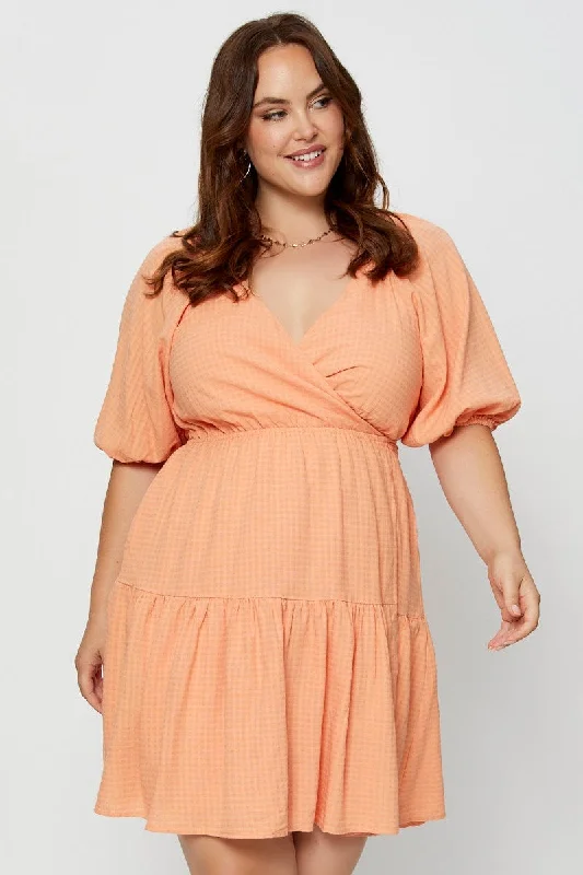 Orange Skater Dress V-neck Short Sleeve Tie