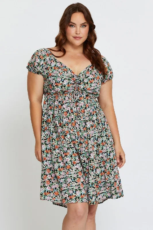 Floral Print Skater Dress Scoop Neck Short Sleeve