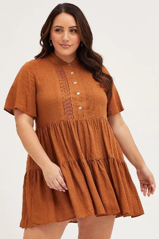 Brown Skater Dress V-neck Three-Quarter Sleeve Button