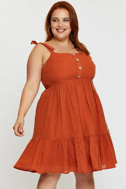 Orange Skater Dress Square Neck Sleeveless Tie