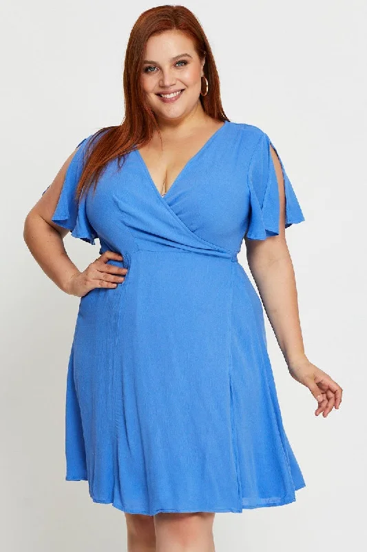 Blue Skater Dress V-neck Short Sleeve Waist Tie