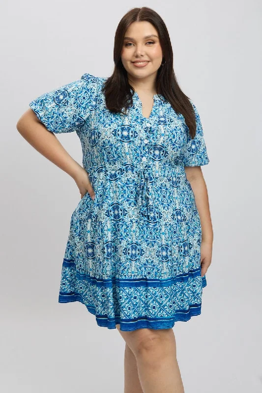 Blue Boho Button Through Border Print Shirtdress