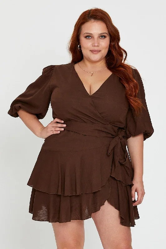 Brown Skater Dress V-neck Short Sleeve Tie