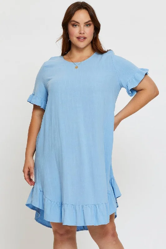 Blue Smock Dress Round Neck Short Sleeve Ruffle Hem