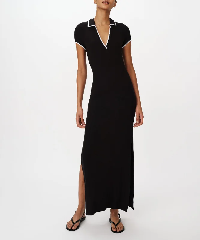 Modal Rib Short Sleeve Split Neck Dress - Black