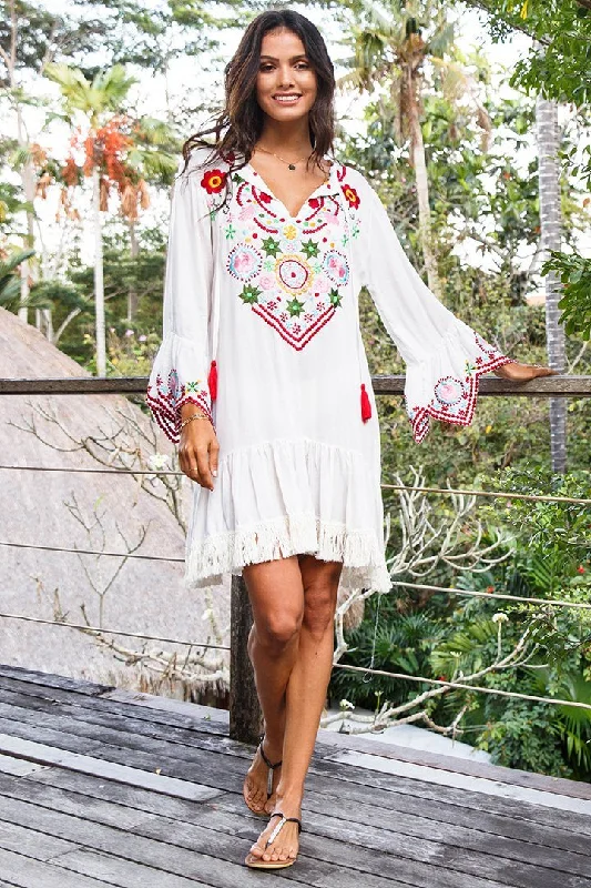 SHU-SHI Women's Bohemian Embroidered Tunic Dress - Bell Sleeve Swimsuit Cover-Up & Casual Short Shift Dress