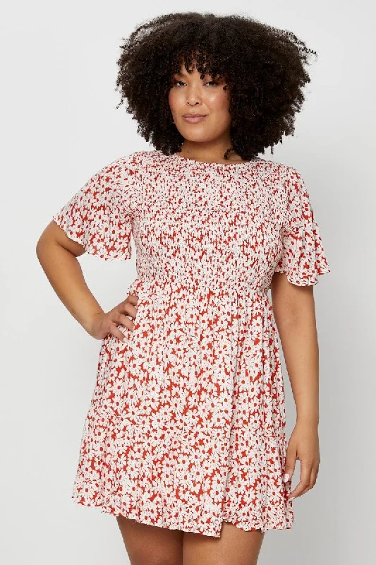 Floral Print Skater Dress Round Neck Short Sleeve