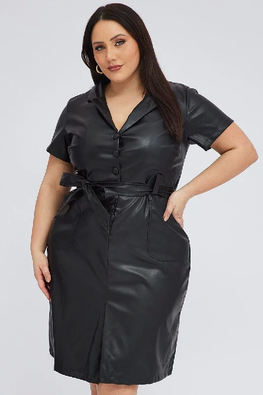 Black Faux Leather Dress Knee Length Short Sleeve Belt