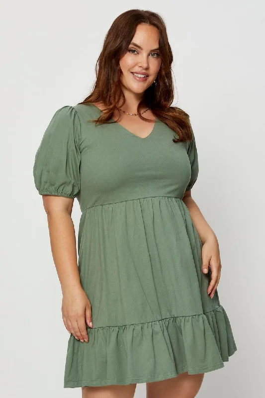 Green Skater Dress V-neck Puff Sleeve Ruffle Hem