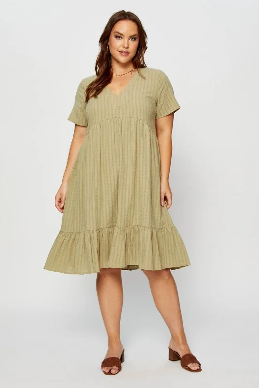 Green Skater Dress V-neck Short Sleeve