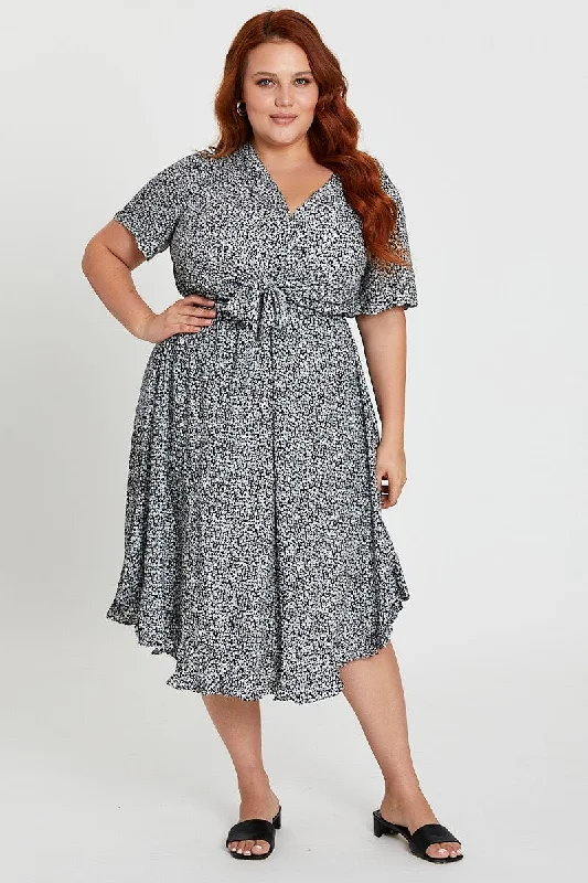 Ditsy Print Skater Dress V-neck Short Sleeve