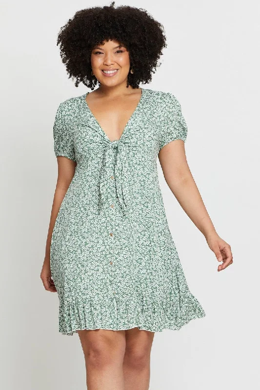 Floral Print Skater Dress V-neck Short Sleeve Tie Front