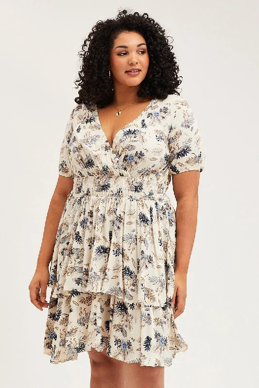 Trop Print Skater Dress V-neck Short Sleeve