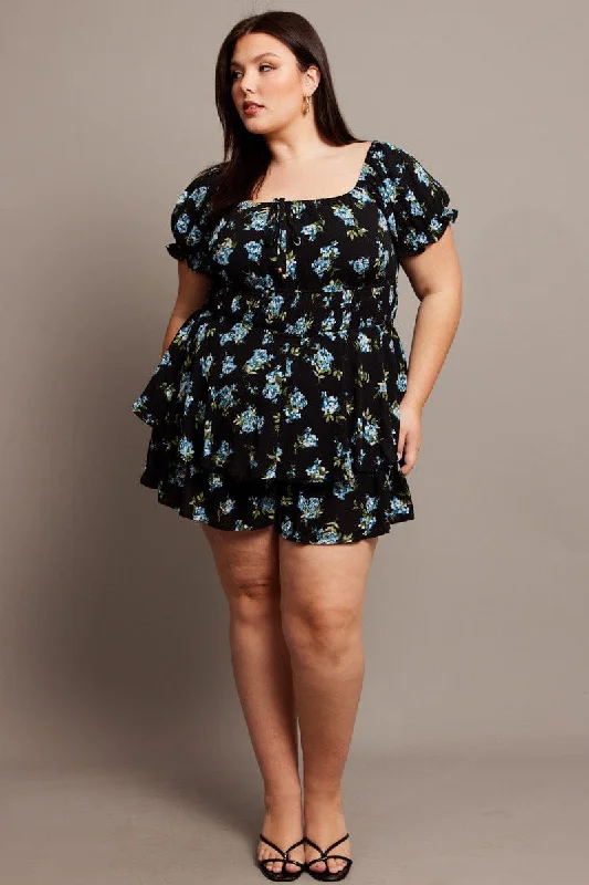 Black Ditsy Ruffle Playsuit Short Sleeve