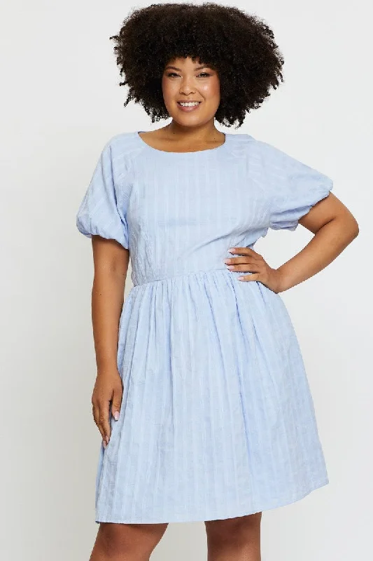 Blue Skater Dress Round Neck Short Sleeve