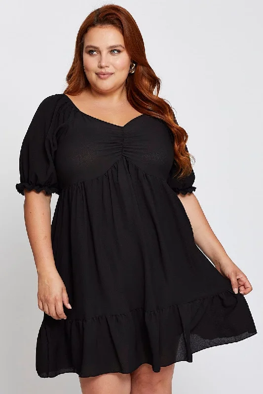 Black Short Puff Sleeve Gather Frill Hem Dress