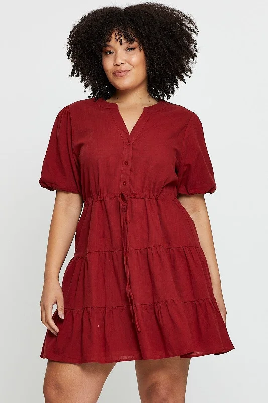 Brown Skater Dress V-neck Short Sleeve Button