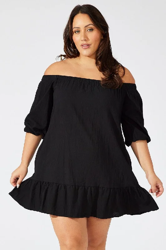 Black Off Shoulder Cotton Blend Dress