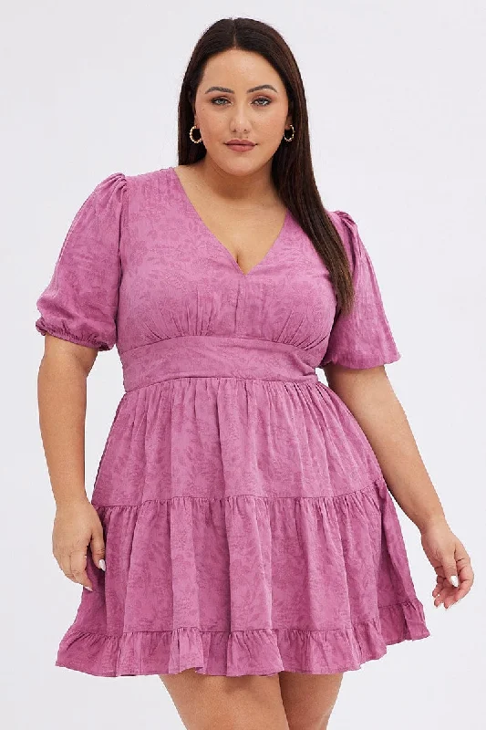 Purple Skater Dress Short Puff Sleeve Textured