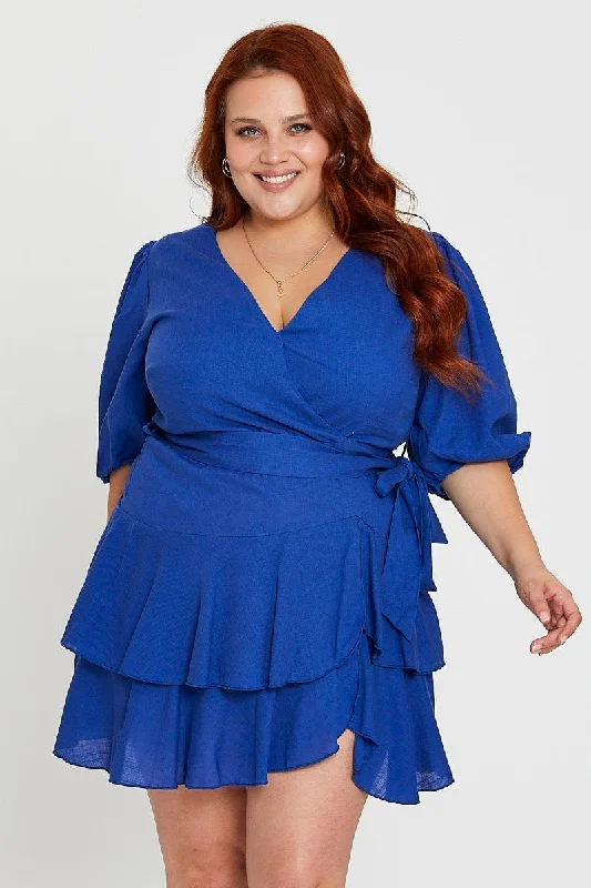 Mid Blue Skater Dress V-neck Short Sleeve Tie