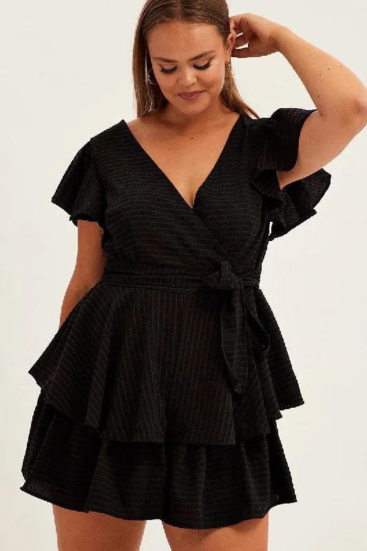 Black Short Playsuit Flare Sleeve Textured Stripe