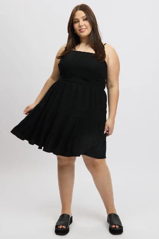 Black Shoestring Strap Tiered Linen Blend Dress