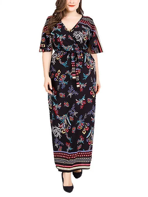 Wayonka Plus Size Printed V Neck Wrap Neckline Short Sleeve Maxi Dress (Blue, Black) (EXTRA BIG SIZE)