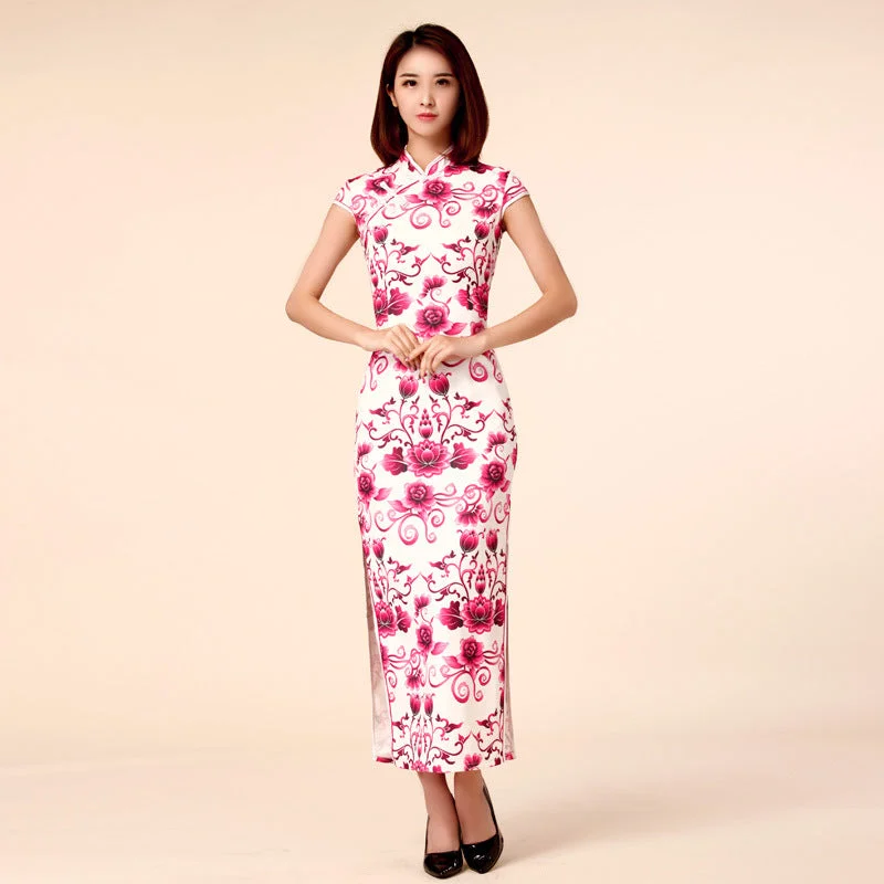 Plus size oriental flowers cheongsam maxi dress