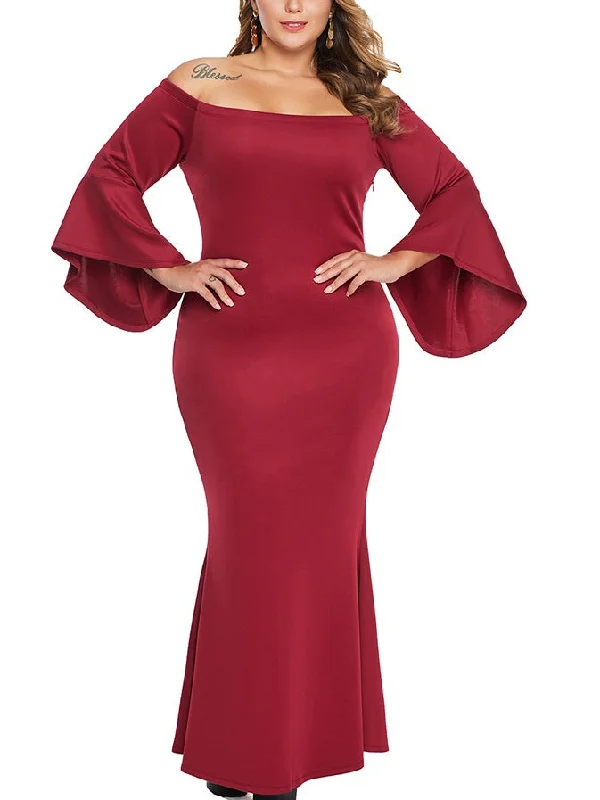 Sophia Plus Size Dinner Occasion Prom Dress Gown Simple Bodycon Mermaid Fishtail Off Shoulder Bell Sleeves With Sleeves Long Sleeve Maxi Dress