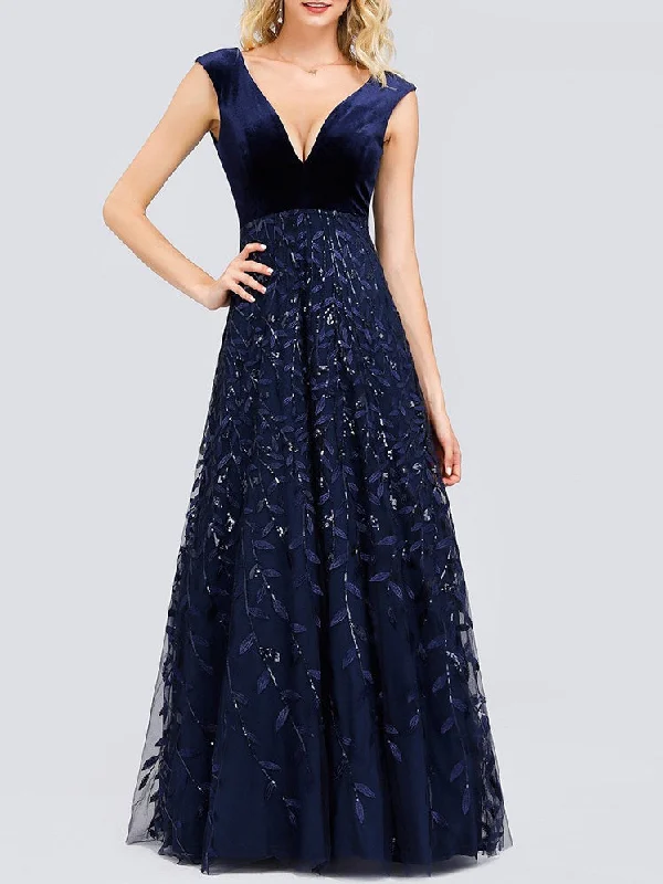 Sonje Plus Size Prom Wedding Dinner Occasion Evening Dress Gown Red Carpet Deep V Neck Dark Navy Blue Velvet and Leaf Sequins Tulle Swing Sleeveless Maxi Dress