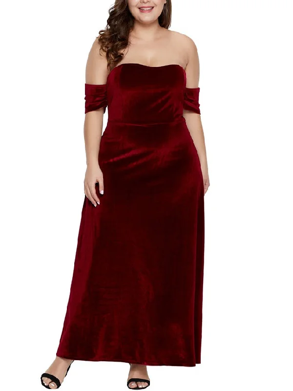 Sosie Plus Size Dinner Occasion Prom Formal Wedding Evening Dress Sexy Red Velvet Off Shoulder Sweetheart With Sleeves Short Sleeve Maxi Dress (EXTRA BIG SIZE)