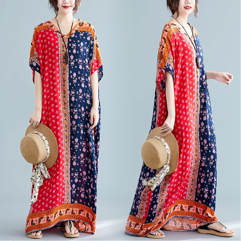 Plus Size Bohemian Kaftan Short Sleeve Maxi Dress