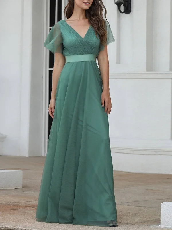 Song Plus Size Wedding Bridesmaid Evening Dress Gown Single Colour Crepe Wrap V Neck Tulle V Back Full Swing With Sleeves Short Sleeve Maxi Dress (Grey, Green, Dark Blue, Powder Blue)