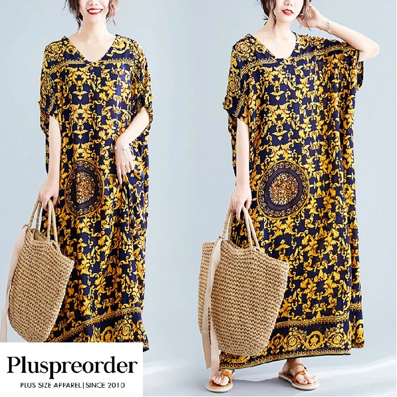 Plus Size Baroque Gold Short Sleeve Maxi Dress