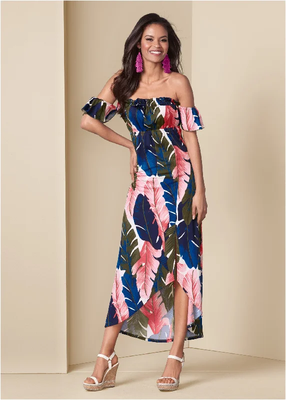 Off-The-Shoulder Maxi Dress - Pink Multi