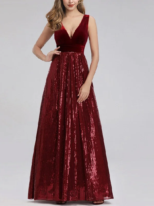 Sonja Plus Size Prom Wedding Dinner Occasion Evening Dress Gown Red Carpet Deep V Neck Empire Dress Red Velvet and Sequins Full Swing Sleeveless Maxi Dress