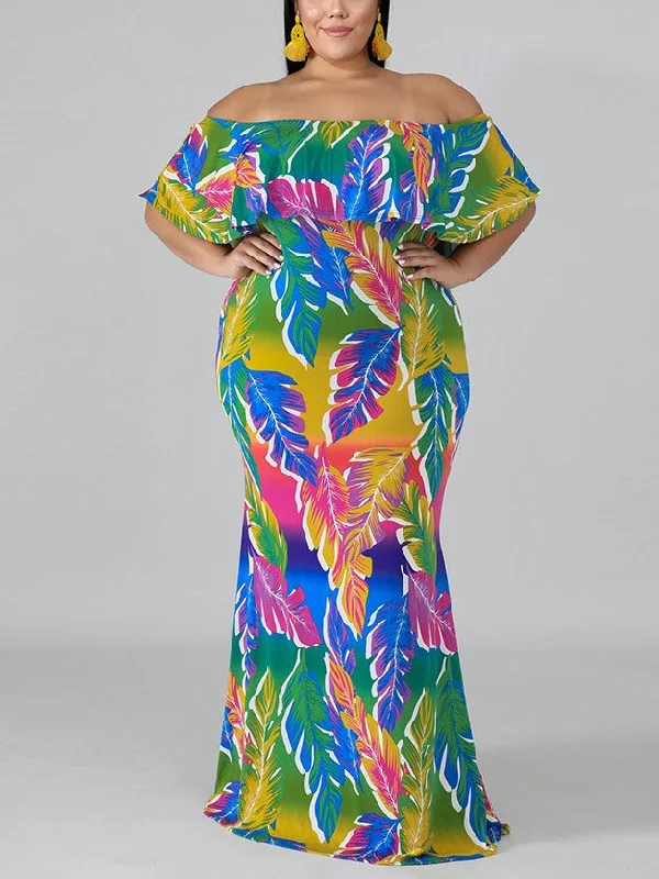 Plus Size Colourful Off Shoulder Short Sleeve Maxi Dress